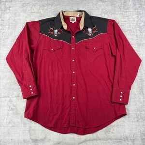 Ely Cattleman Shirt Mens XL Red Vintage Western Steer Skull Gaucho Pearl Snap
